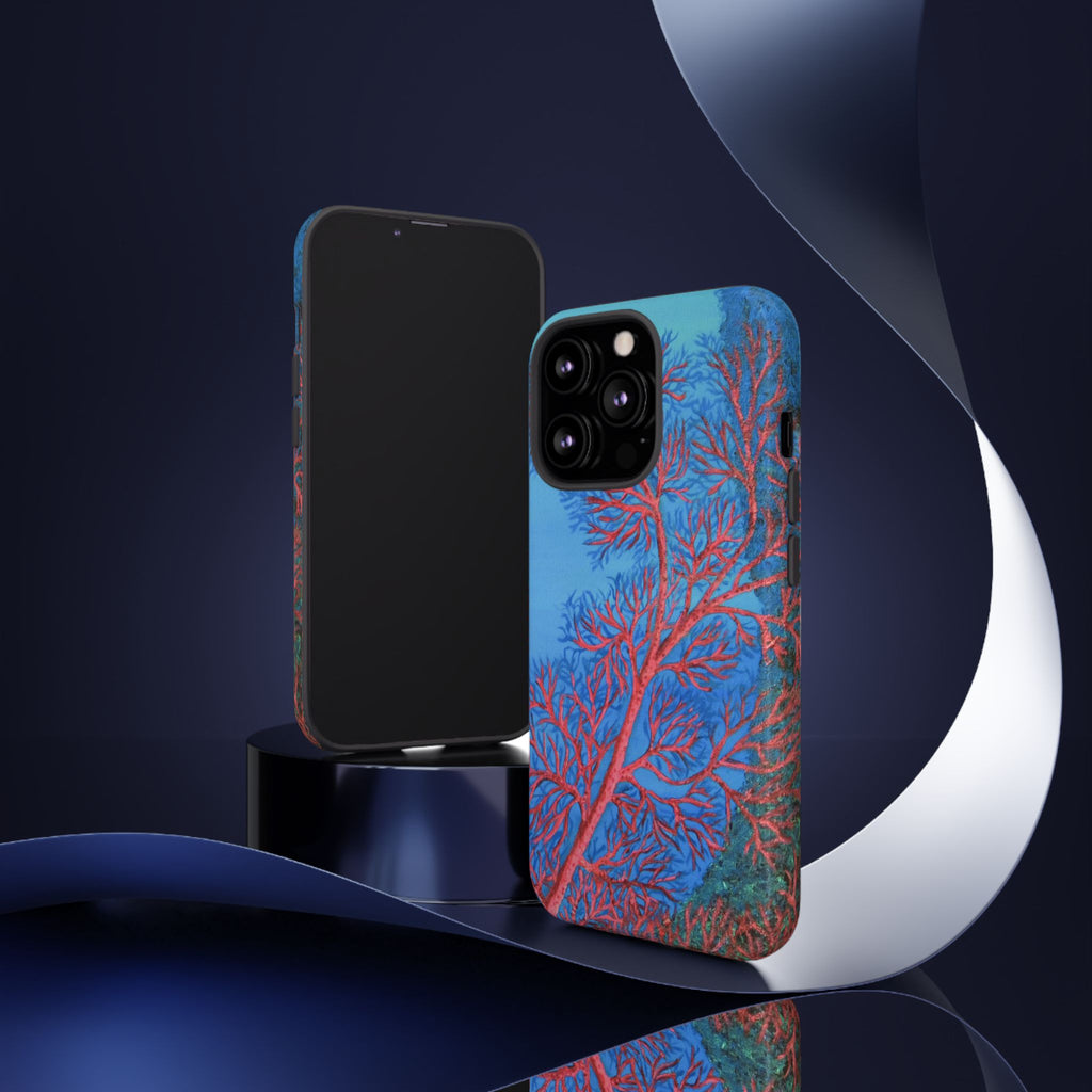 Coral Reef Phone Case — Vibrant Red Sea Fan on Ocean Blue Tough Case
