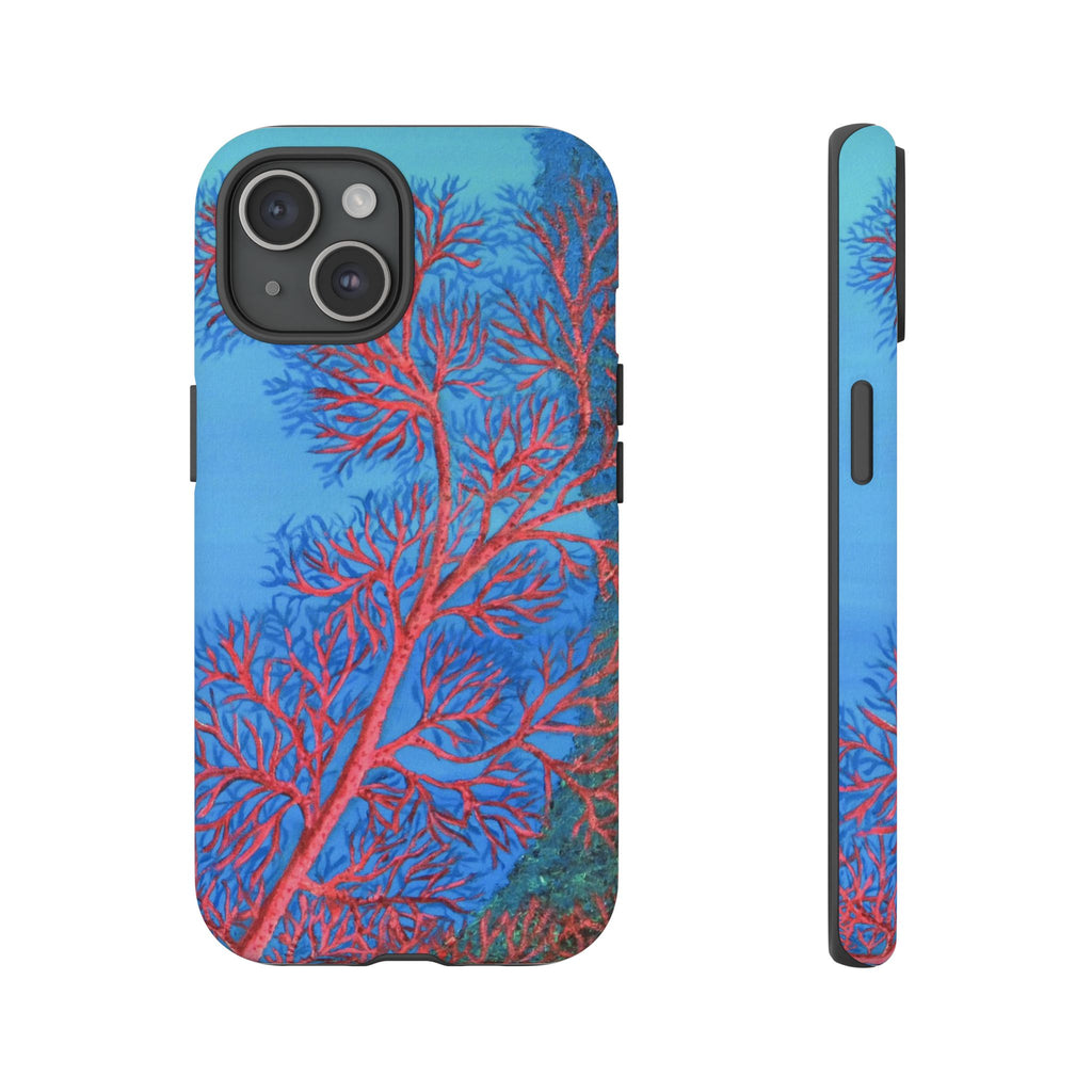 Coral Reef Phone Case — Vibrant Red Sea Fan on Ocean Blue Tough Case