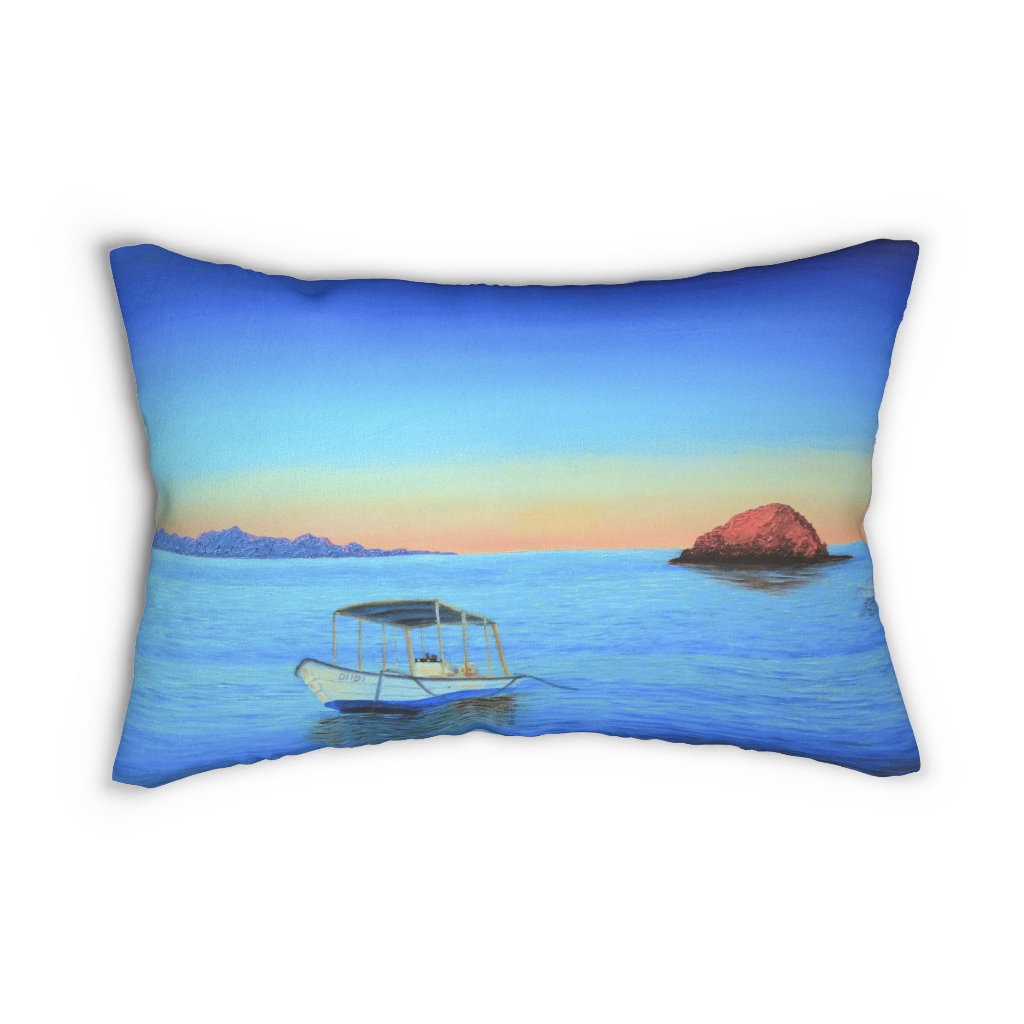 Coastal Sunrise Lumbar Pillow - Boat & Island Ocean Throw Pillow