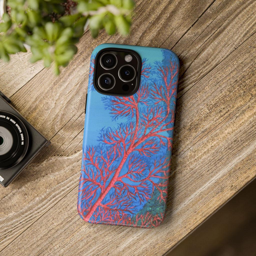 Coral Reef Phone Case — Vibrant Red Sea Fan on Ocean Blue Tough Case