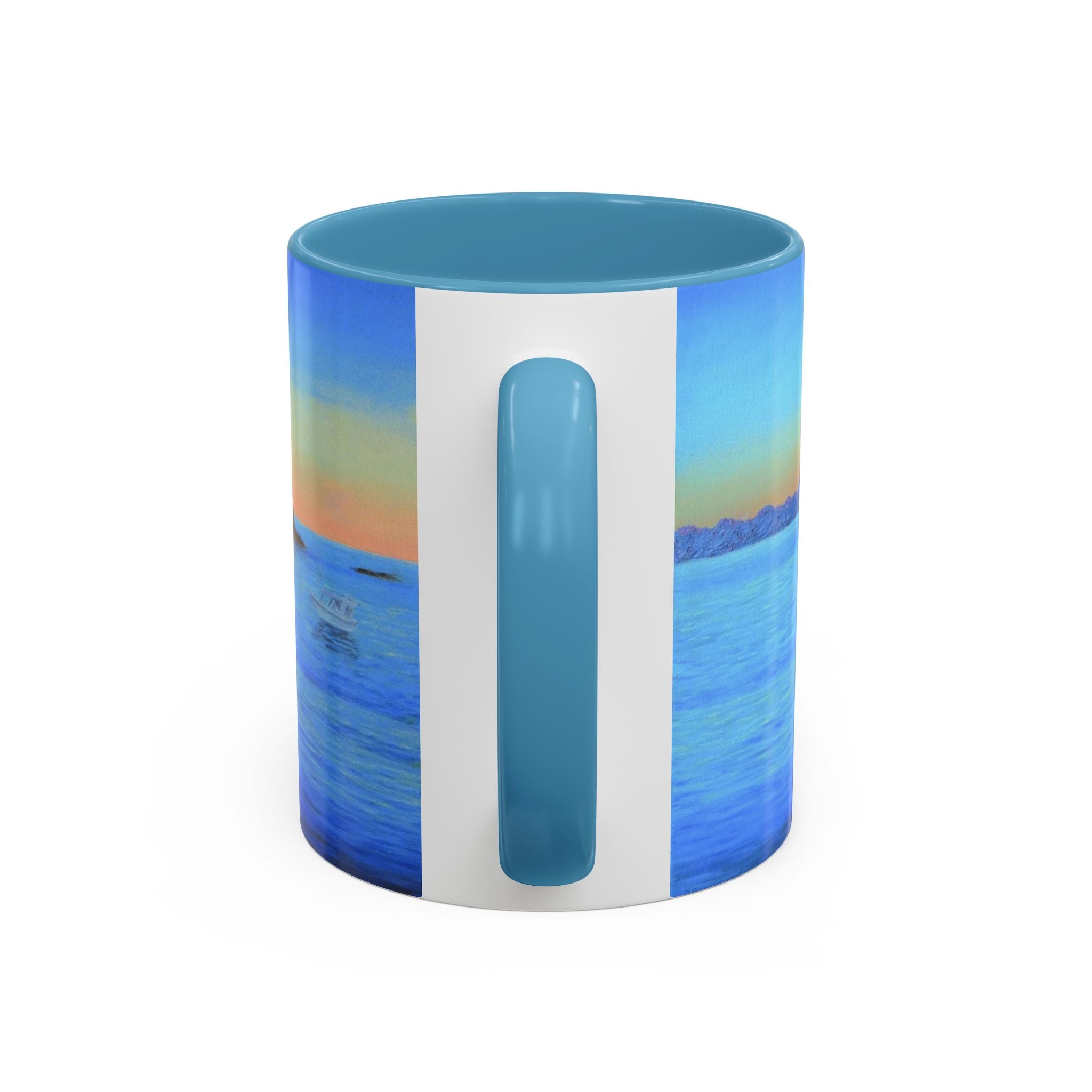 Seaside Sunrise Coffee Mug — Tropical Boat & Ocean Sunset Accent Mug (11/15oz)