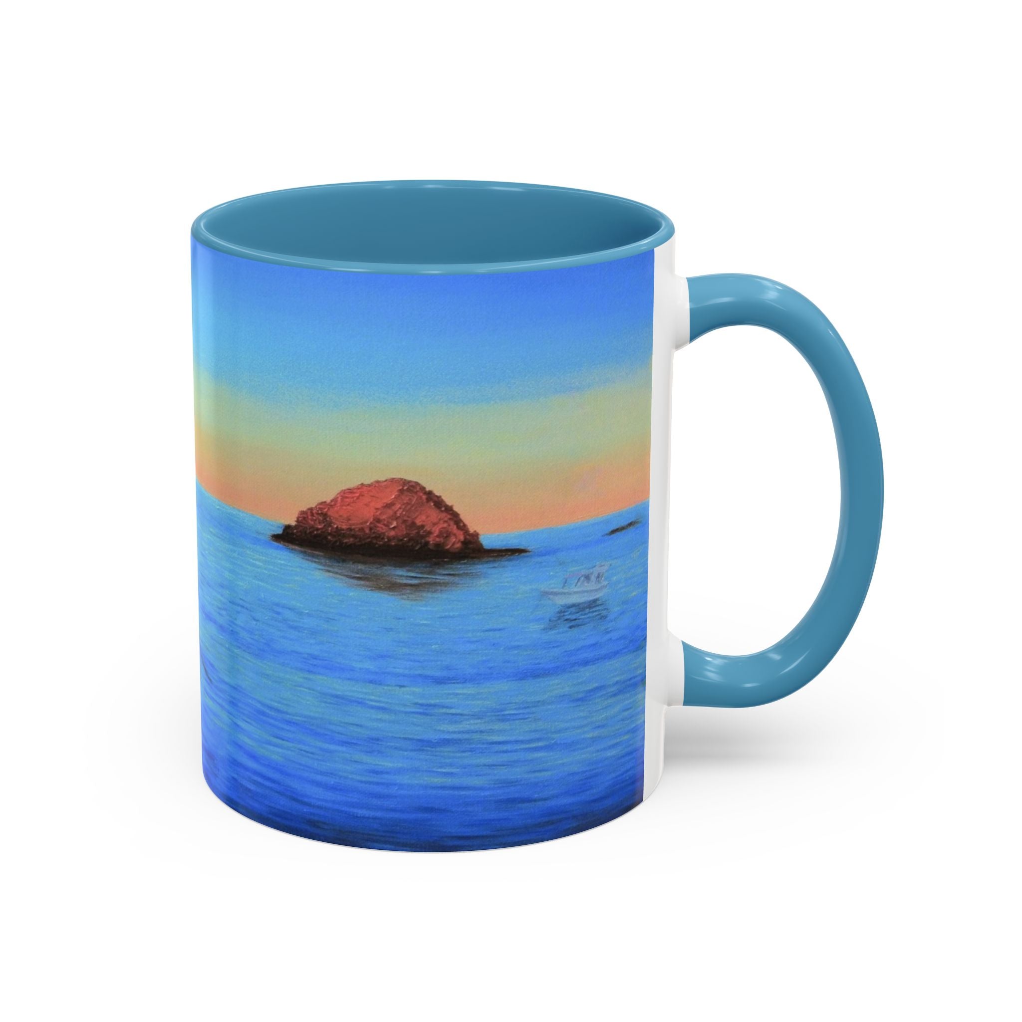 Seaside Sunrise Coffee Mug — Tropical Boat & Ocean Sunset Accent Mug (11/15oz)