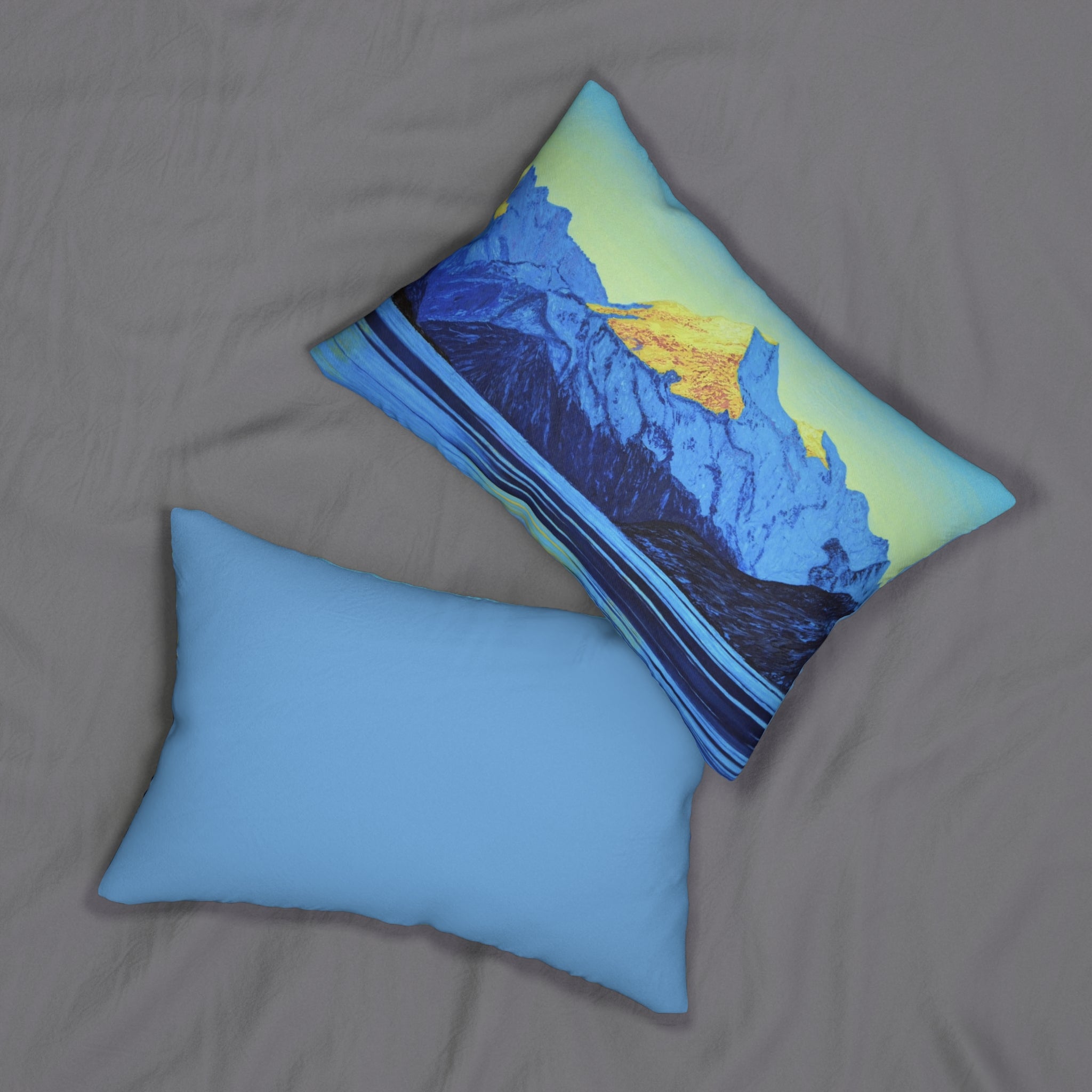 Blue Mountain Sunrise Lumbar Pillow — Scenic Alpine Landscape Accent