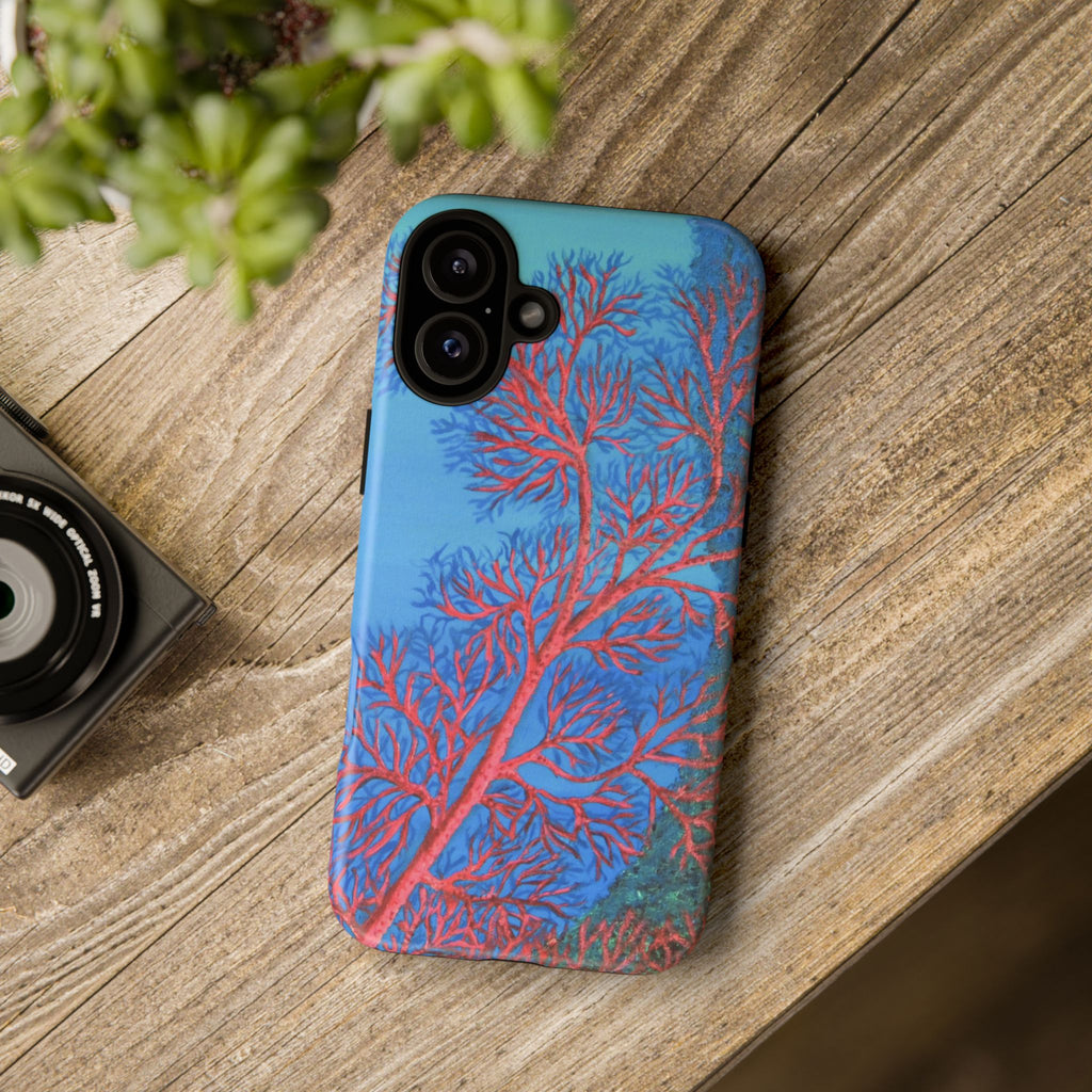 Coral Reef Phone Case — Vibrant Red Sea Fan on Ocean Blue Tough Case