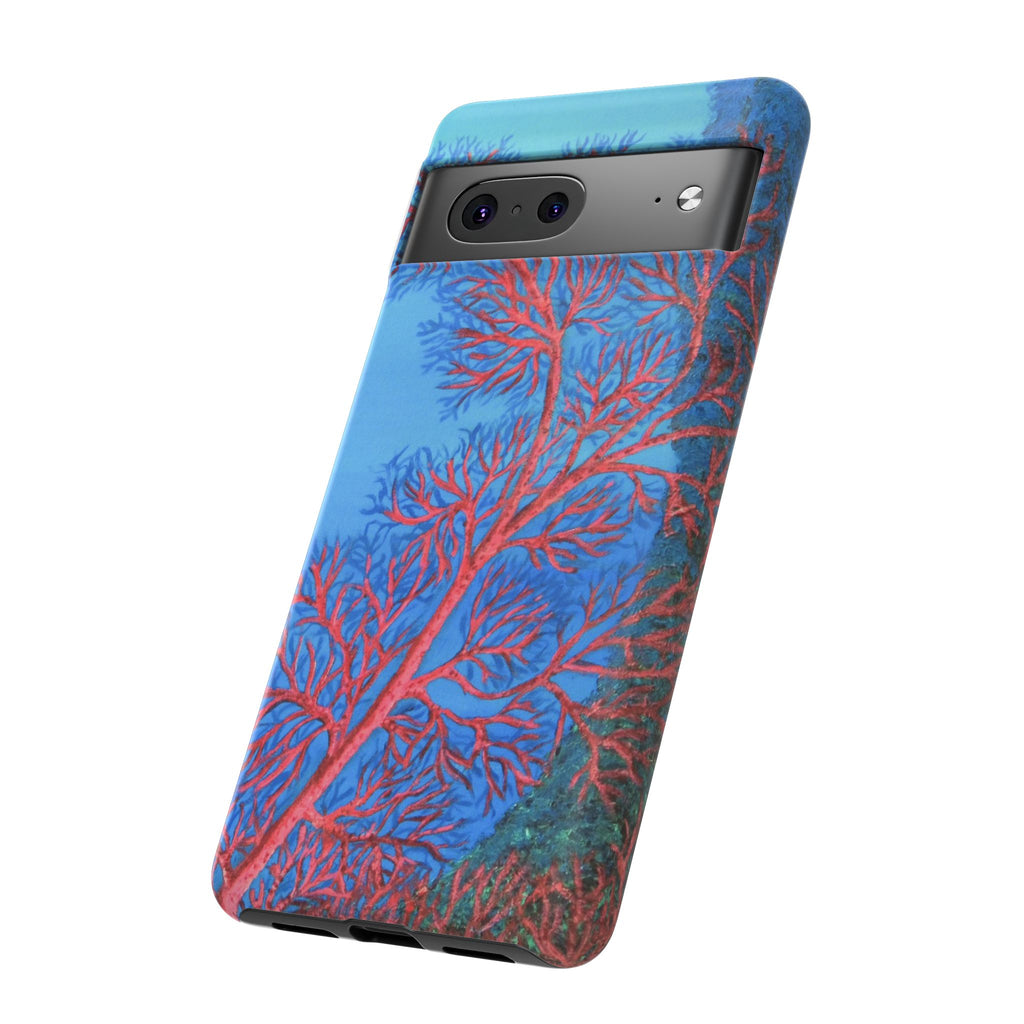 Coral Reef Phone Case — Vibrant Red Sea Fan on Ocean Blue Tough Case