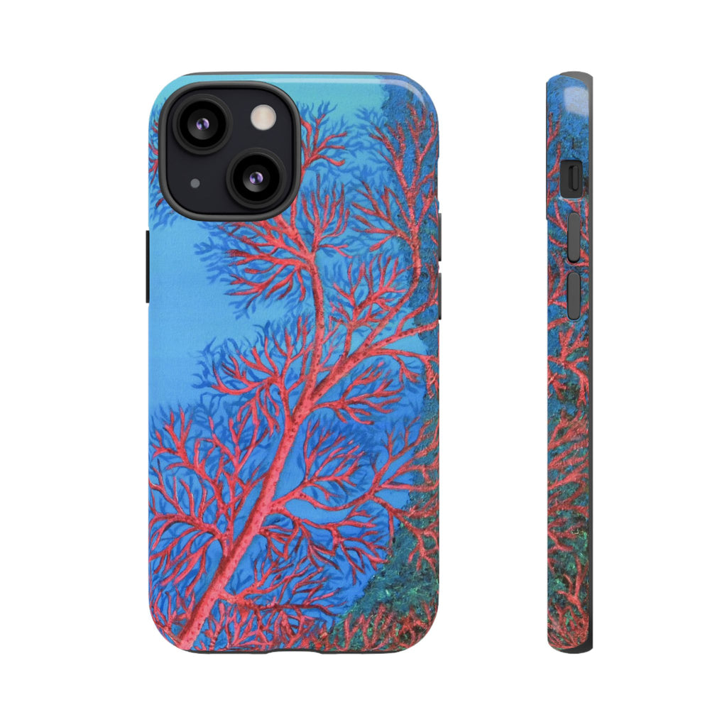 Coral Reef Phone Case — Vibrant Red Sea Fan on Ocean Blue Tough Case