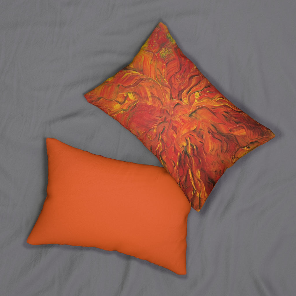 Abstract Flame Art Lumbar Pillow — Orange Red Textured Accent Cushion
