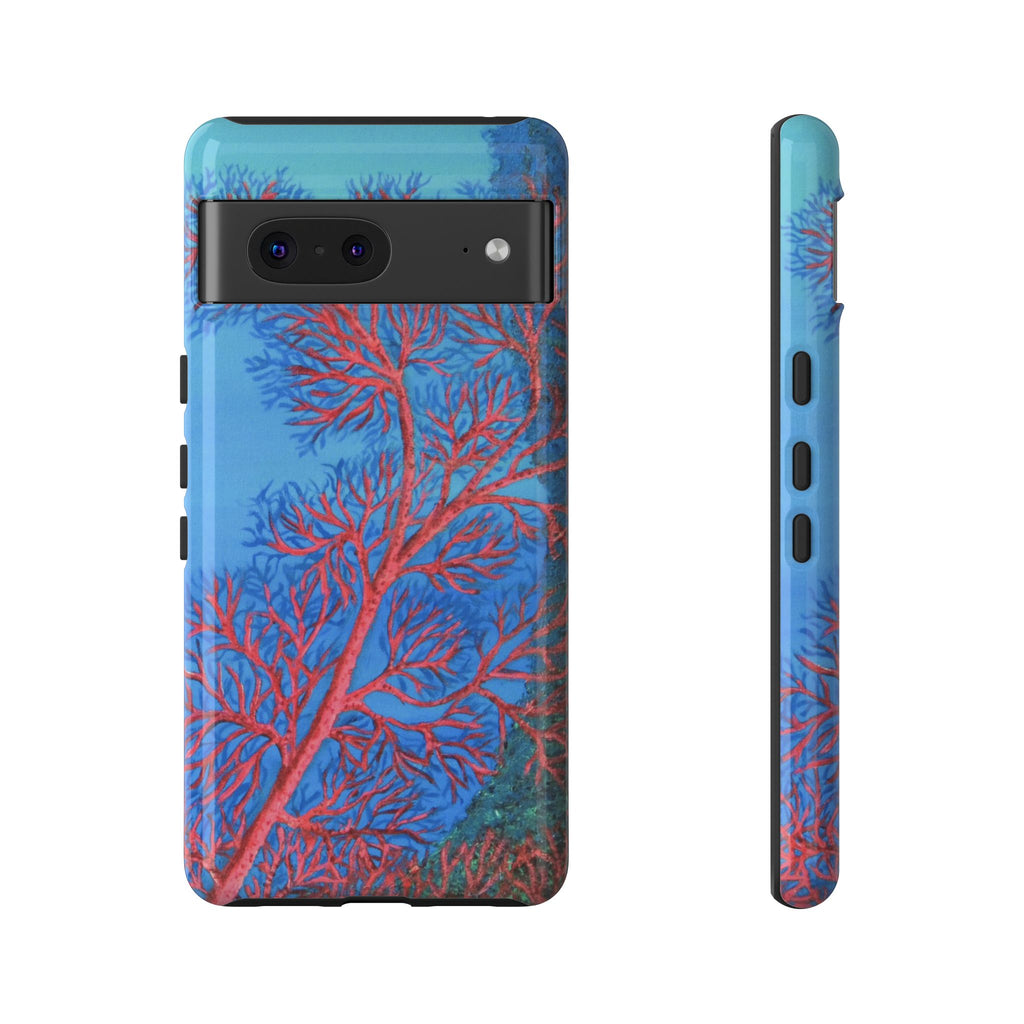 Coral Reef Phone Case — Vibrant Red Sea Fan on Ocean Blue Tough Case